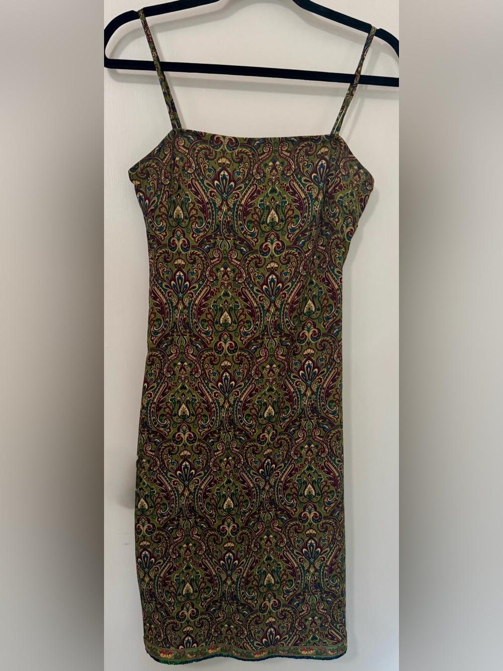 Vintage Paisley-Print Midi Slip Dress in Olive Green